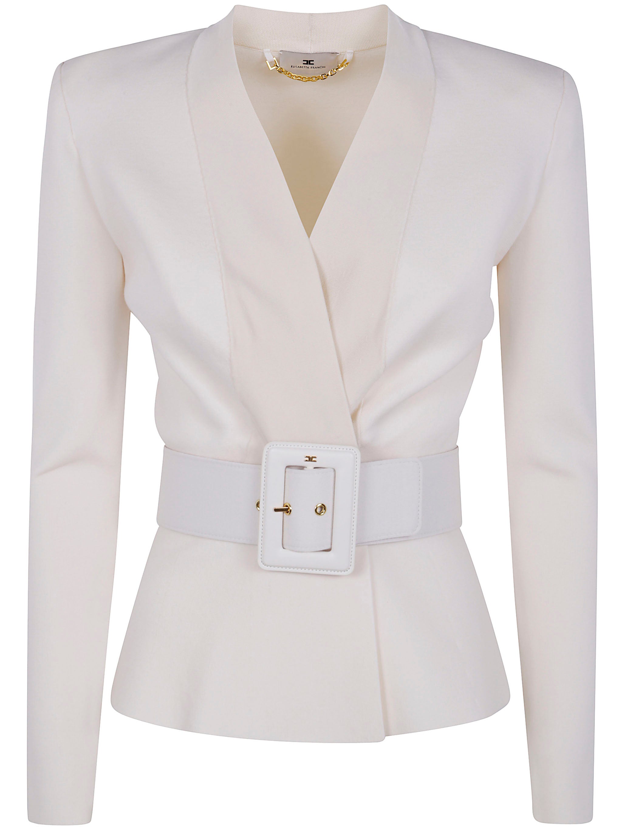 ELISABETTA FRANCHI Belted V Neck Tricot Sweater