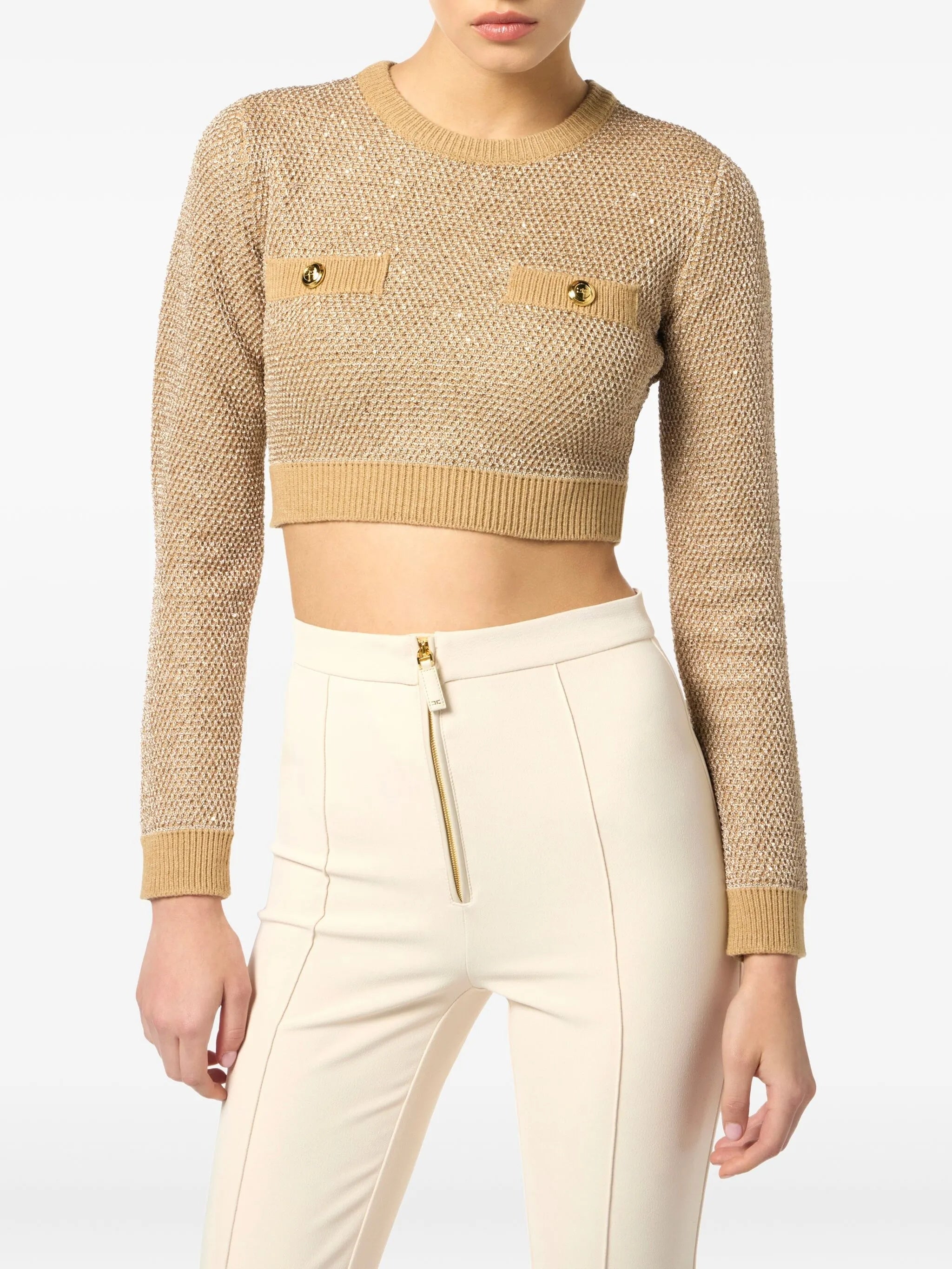 ELISABETTA FRANCHI Knit Long-Sleeved Cropped Top with Sequins