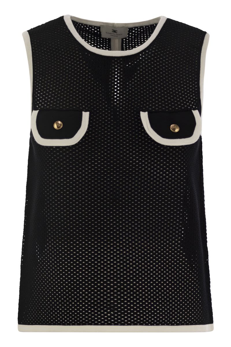 ELISABETTA FRANCHI Sleeveless Mesh Top with Bows and Pocket Detail
