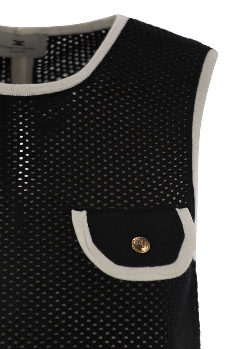 ELISABETTA FRANCHI Sleeveless Mesh Top with Bows and Pocket Detail