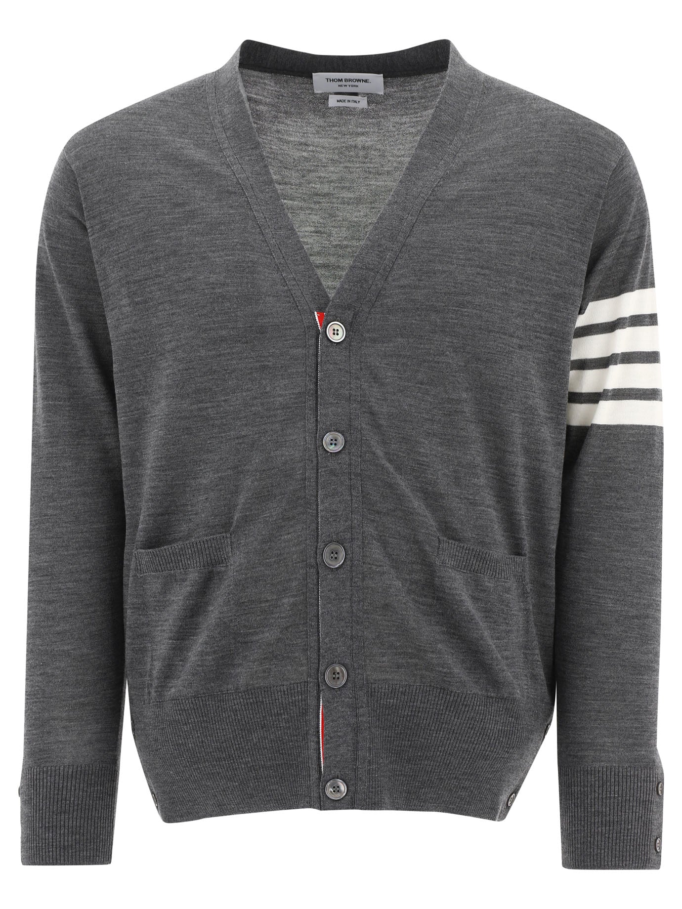 THOM BROWNE Classic V-Neck Cardigan in Fine Merino Wool with 4Bar Stripes