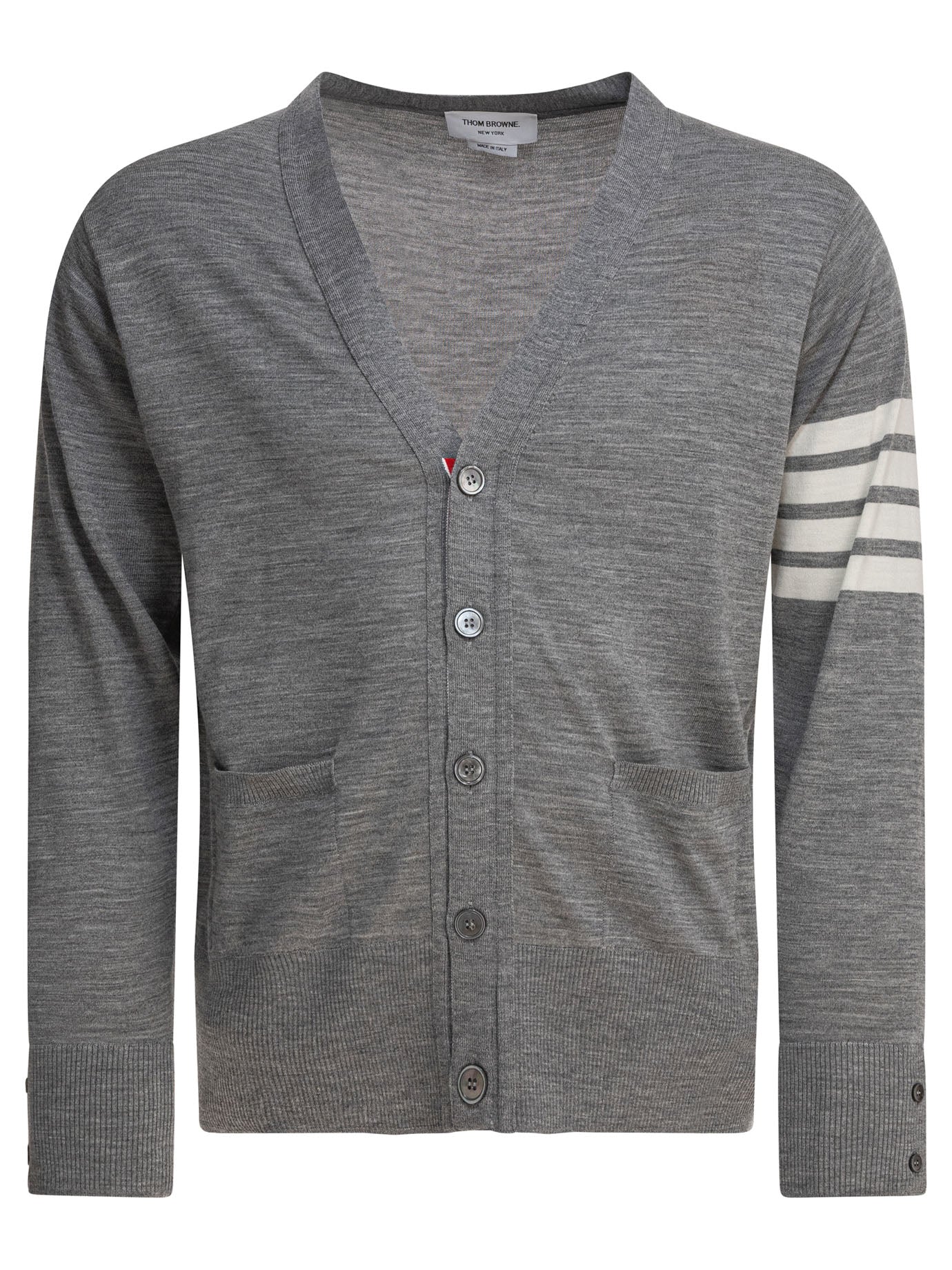 THOM BROWNE Classic V-Neck Cardigan in Fine Merino Wool with 4-Bar Stripes