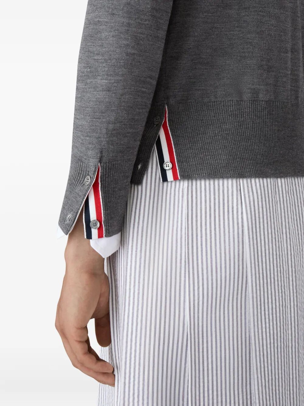 THOM BROWNE Classic V-Neck Cardigan in Fine Merino Wool with 4 Bar Stripes