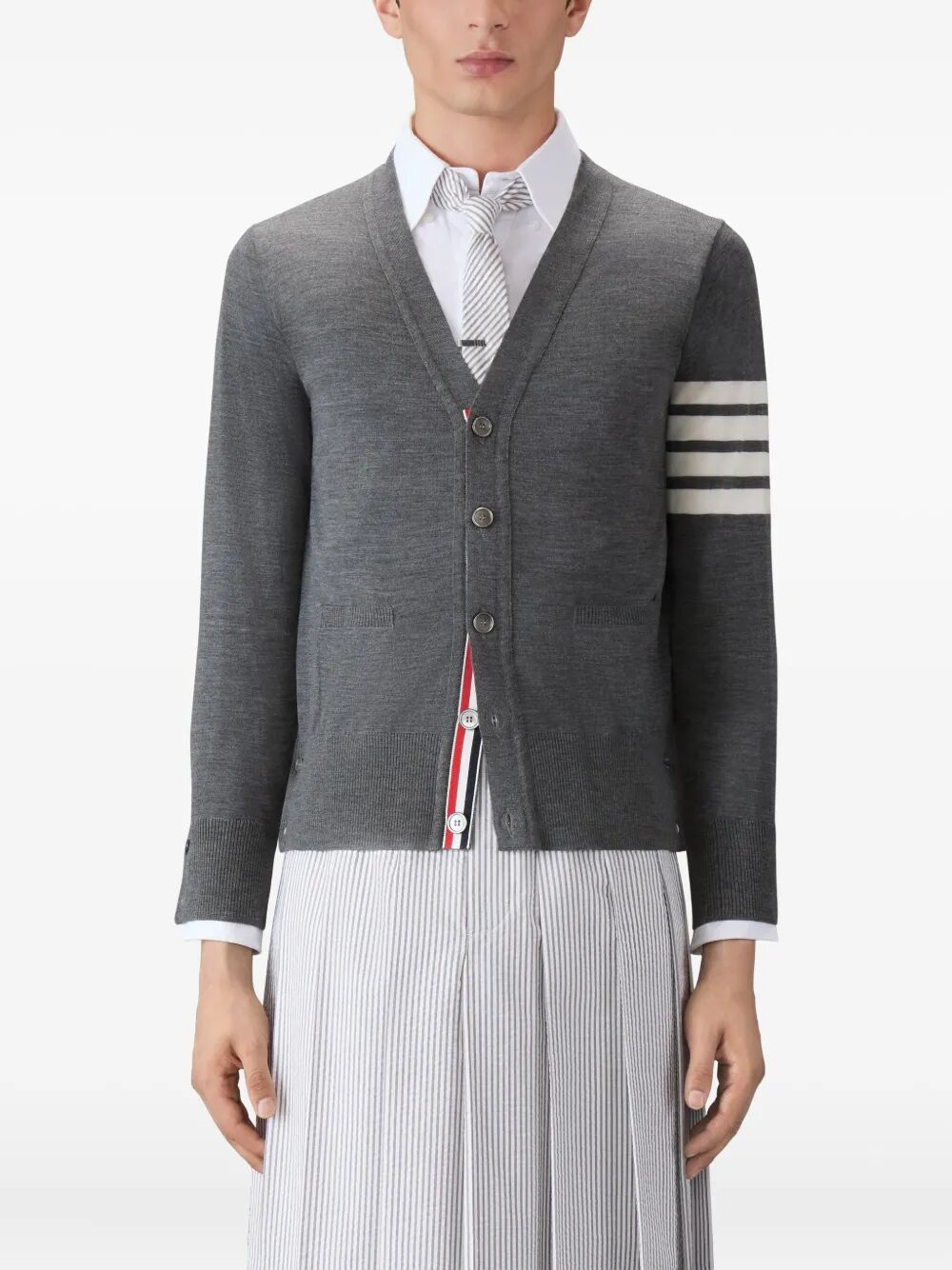 THOM BROWNE Classic V-Neck Cardigan in Fine Merino Wool with 4 Bar Stripes
