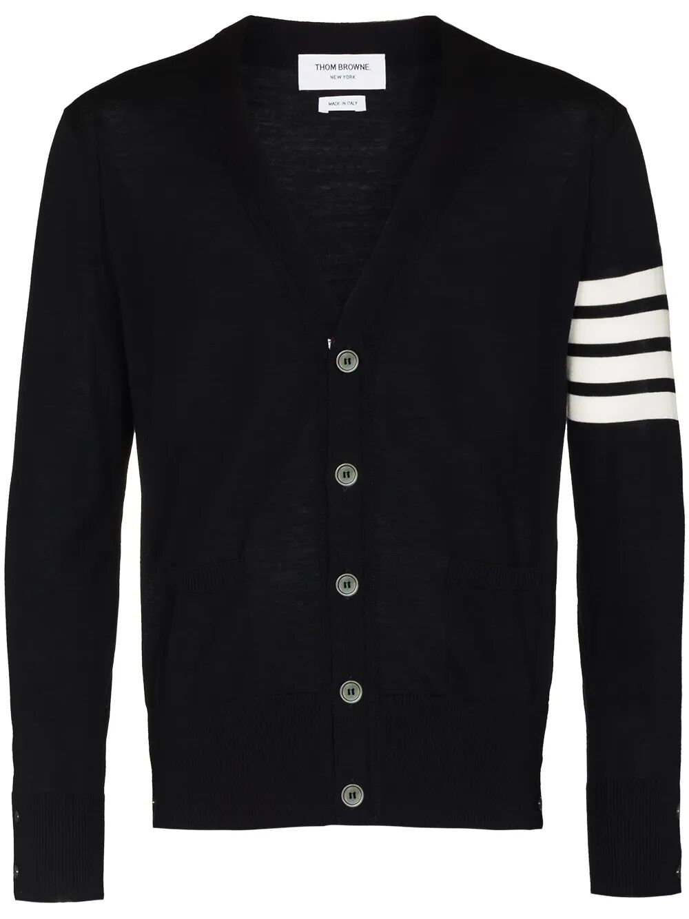 THOM BROWNE Classic V-Neck Cardigan in Fine Merino Wool with 4 Bar Stripes
