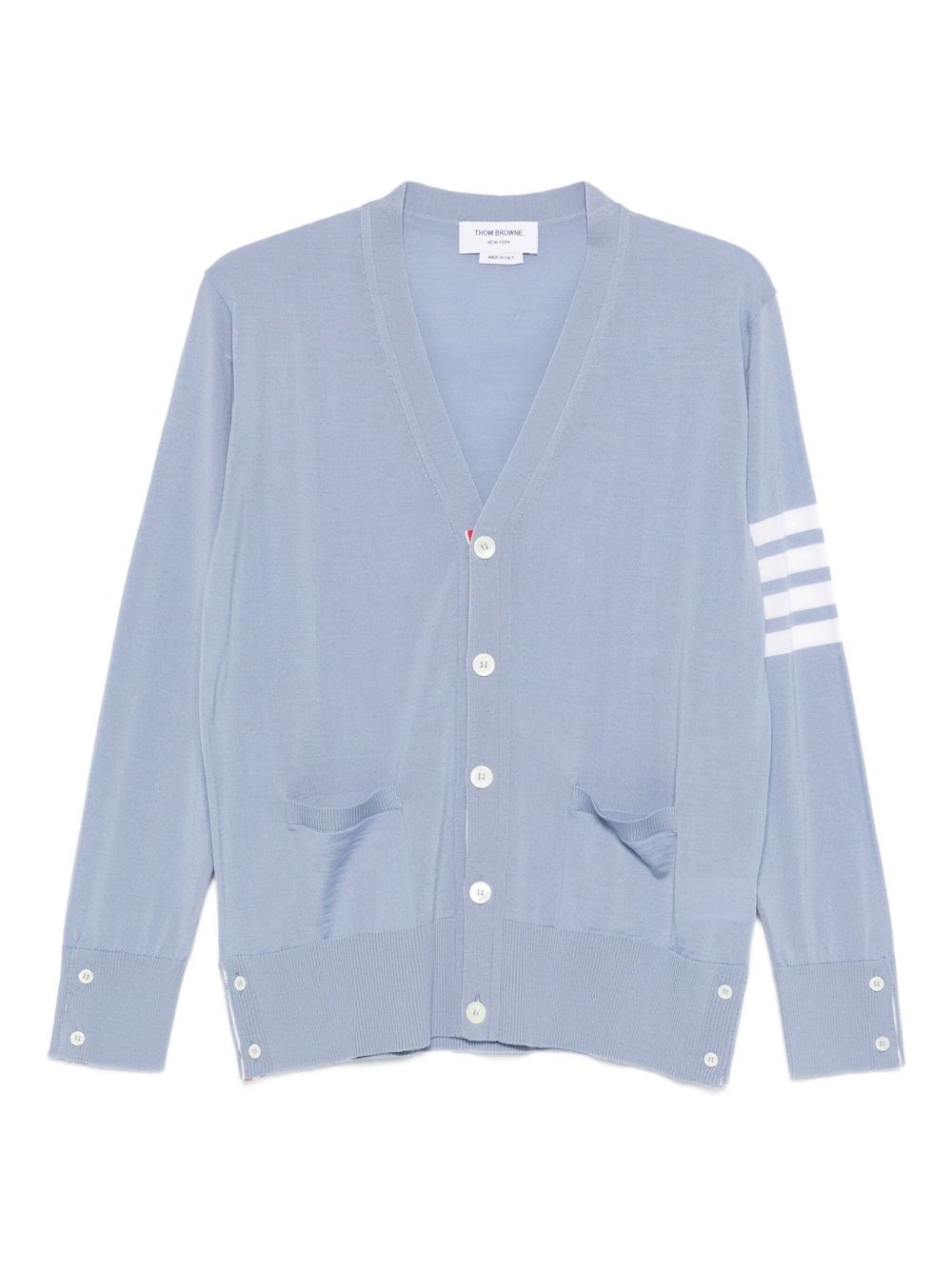THOM BROWNE Light Blue V-Neck Wool Cardigan for Men