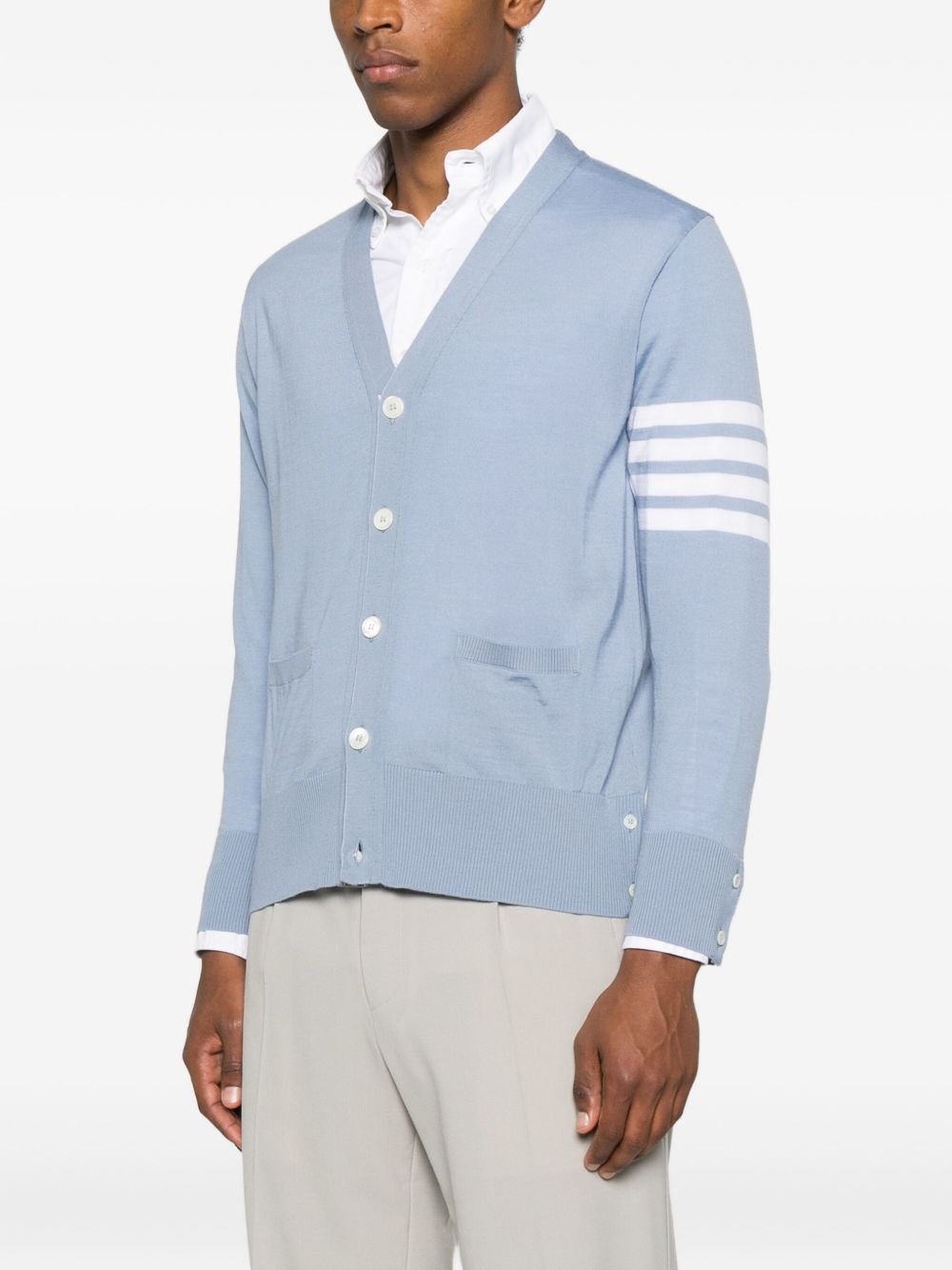 THOM BROWNE Light Blue V-Neck Wool Cardigan for Men