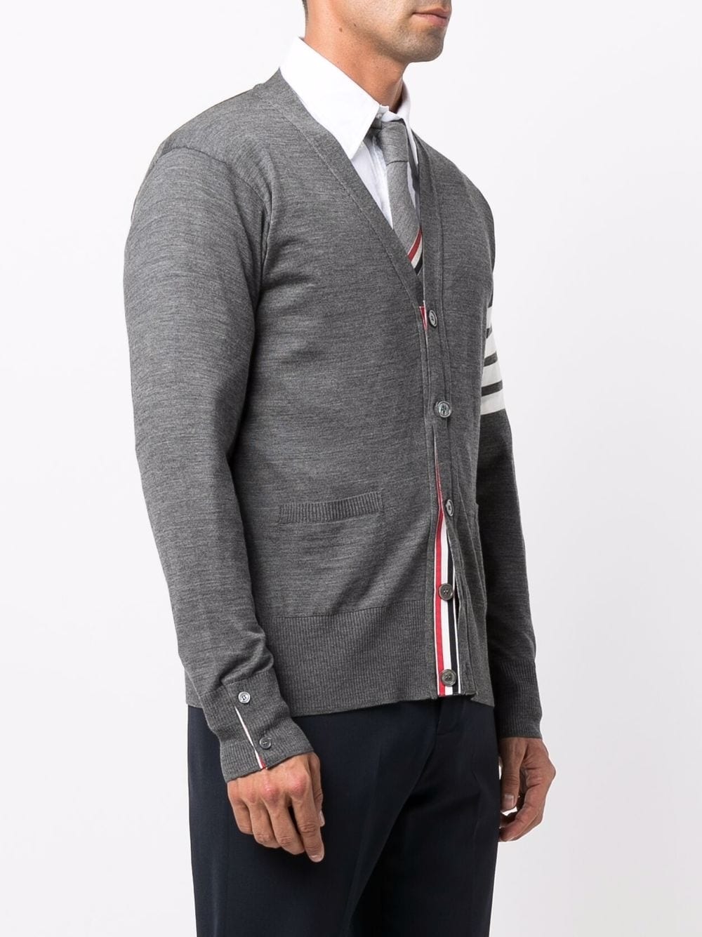 THOM BROWNE Classic V-Neck Cardigan in Fine Merino Wool with 4Bar Stripes
