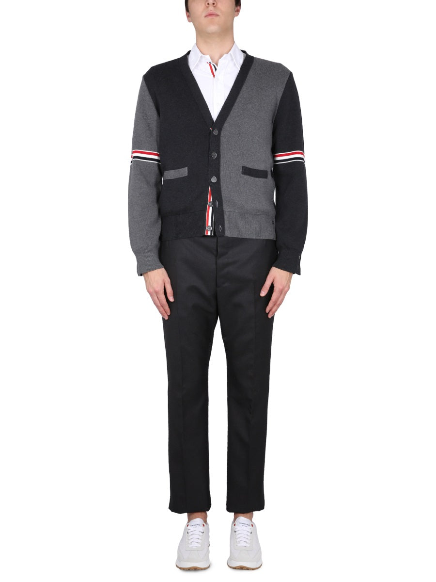 THOM BROWNE V-Neck Cardigan with RWB Detailing for Men