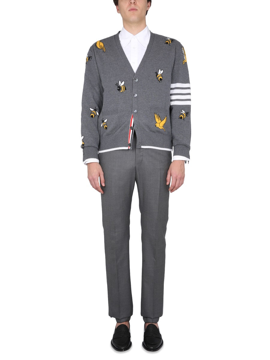 THOM BROWNE V-Neck Cardigan with Birds and Bees Inlays