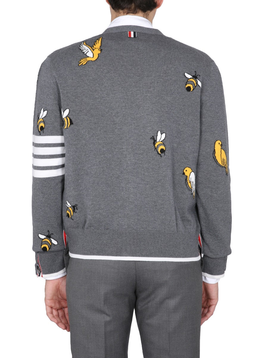 THOM BROWNE V-Neck Cardigan with Birds and Bees Inlays