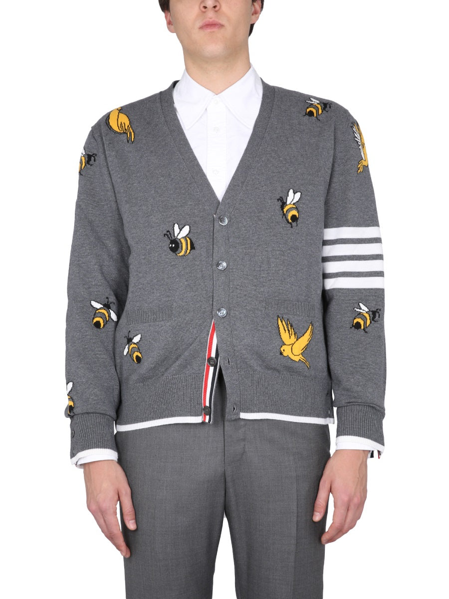 THOM BROWNE V-Neck Cardigan with Birds and Bees Inlays