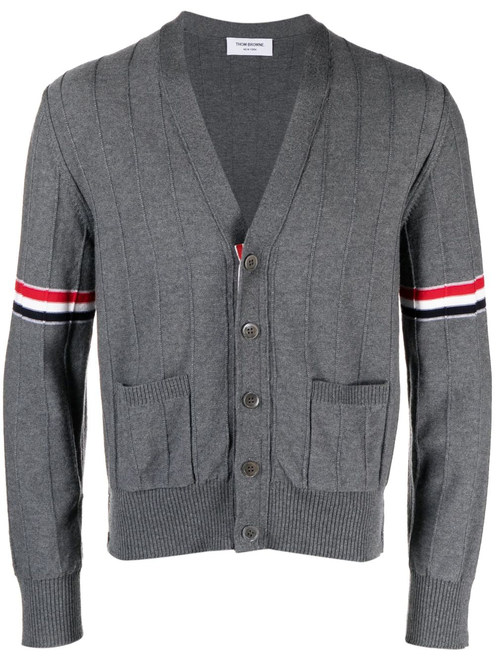 THOM BROWNE Cozy 100% Wool V-Neck Sweater with Front Patch Pockets