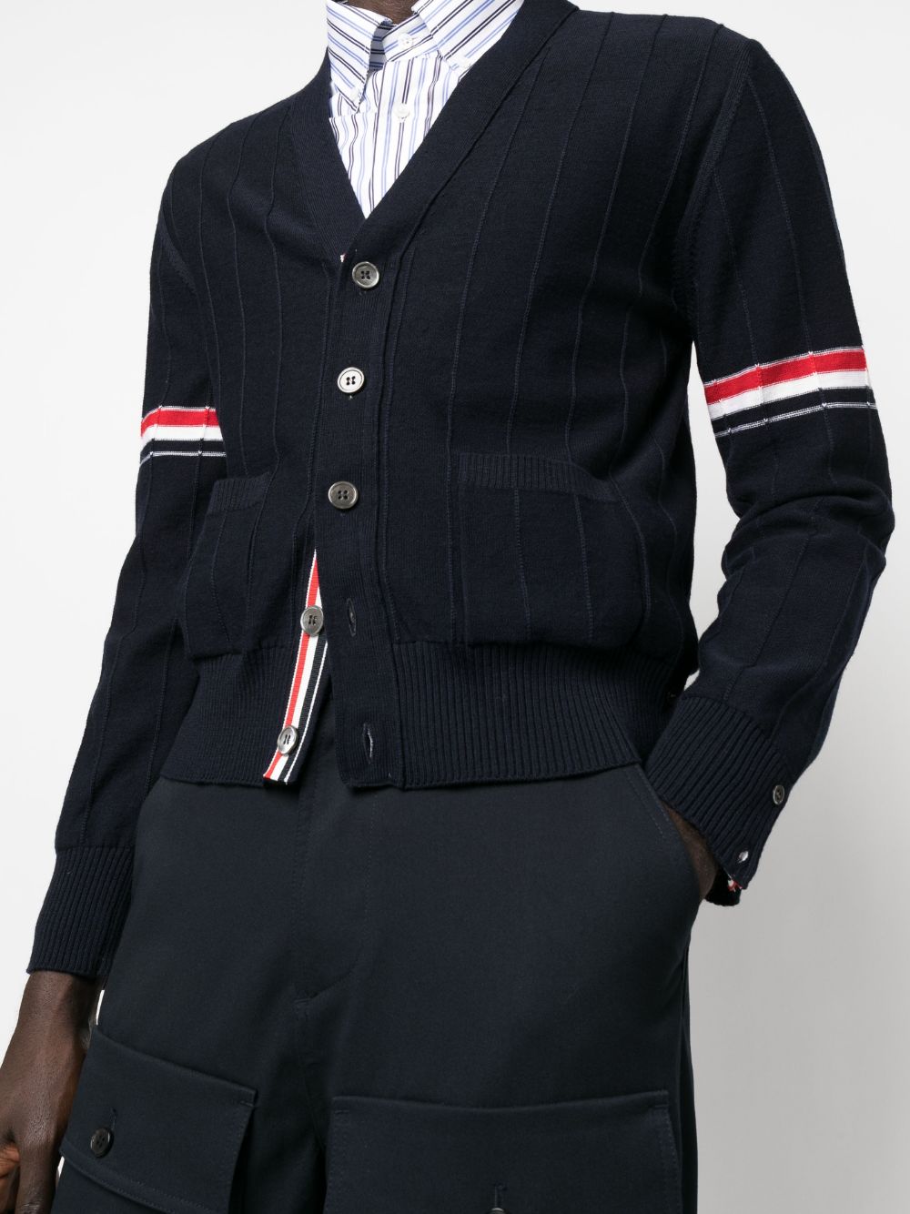 THOM BROWNE V-Neck Wool Cardigan with Stripes