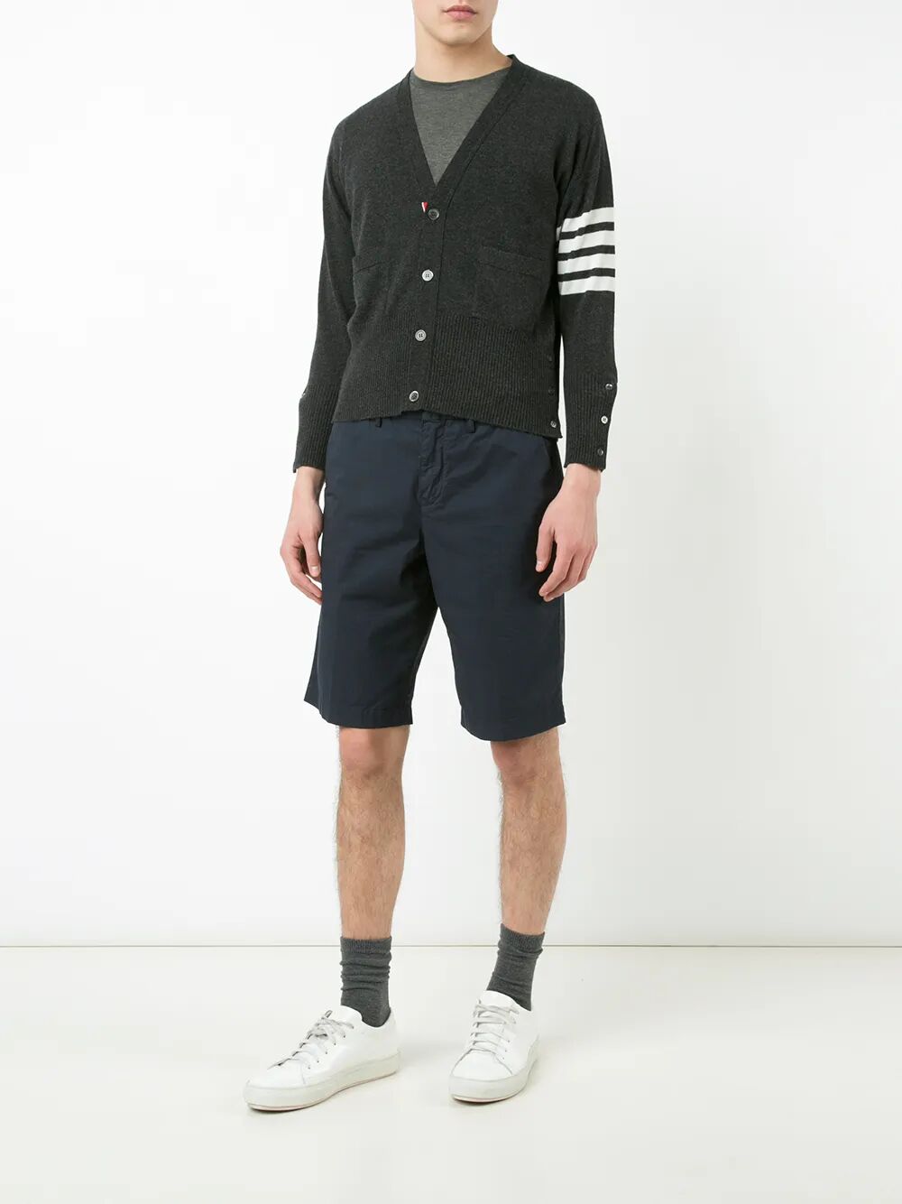 THOM BROWNE Classic Short V Neck Cashmere Cardigan with 4 Bar Stripe