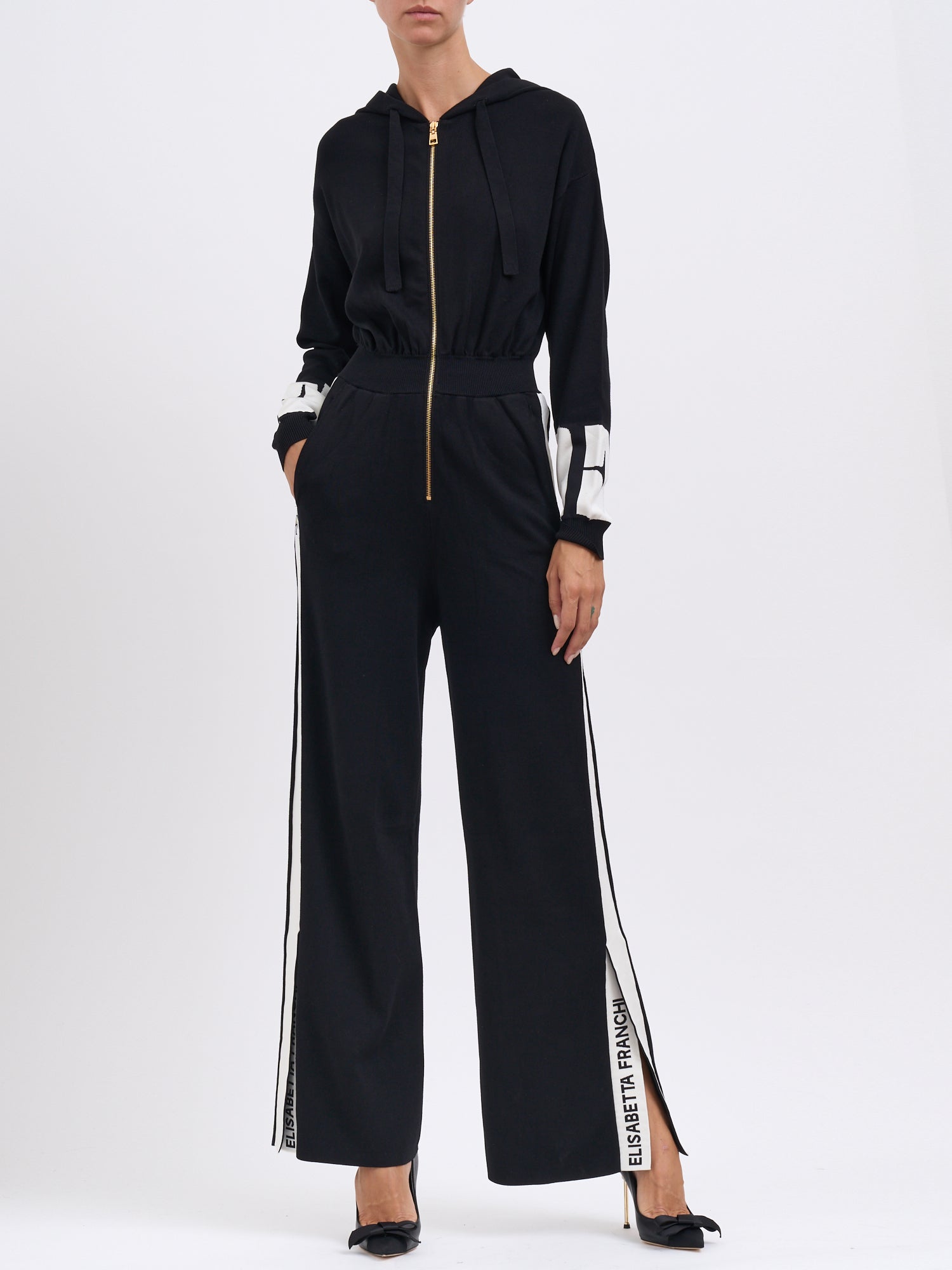 ELISABETTA FRANCHI Elegant Viscose Overall with Gold-Tone Logo - Inseam 75 cm