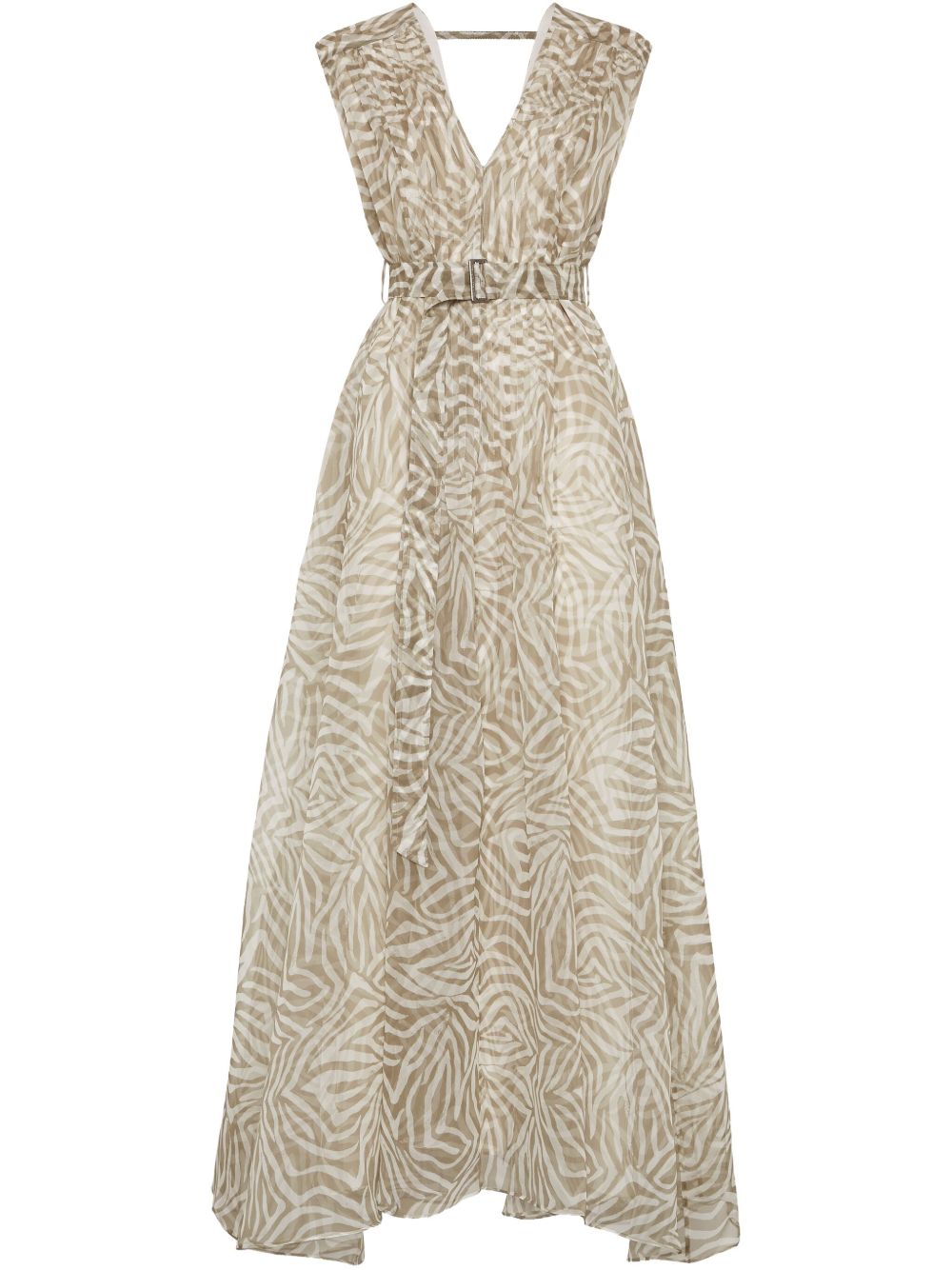 BRUNELLO CUCINELLI Ethnic Print Light Knit Silk Long Dress - Sleeveless V-Neck