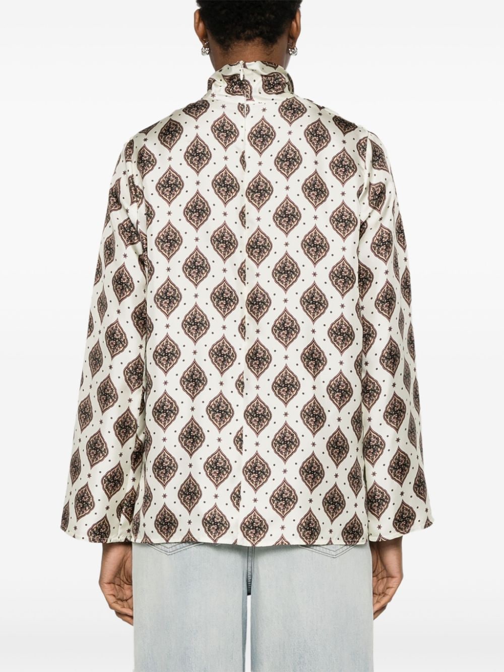 ALBERTO BIANI Floral Print Silk Satin Weave Mock Neck Long Sleeve T-Shirt