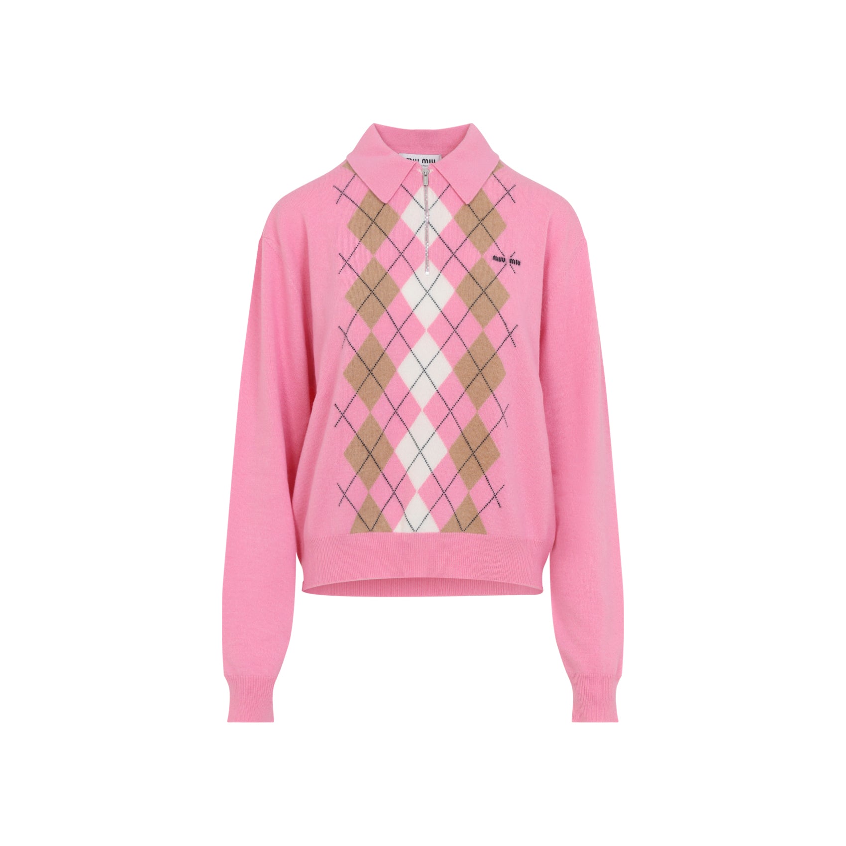 MIU MIU Cashmere Pullover with Argyle Jacquard and Polo Collar