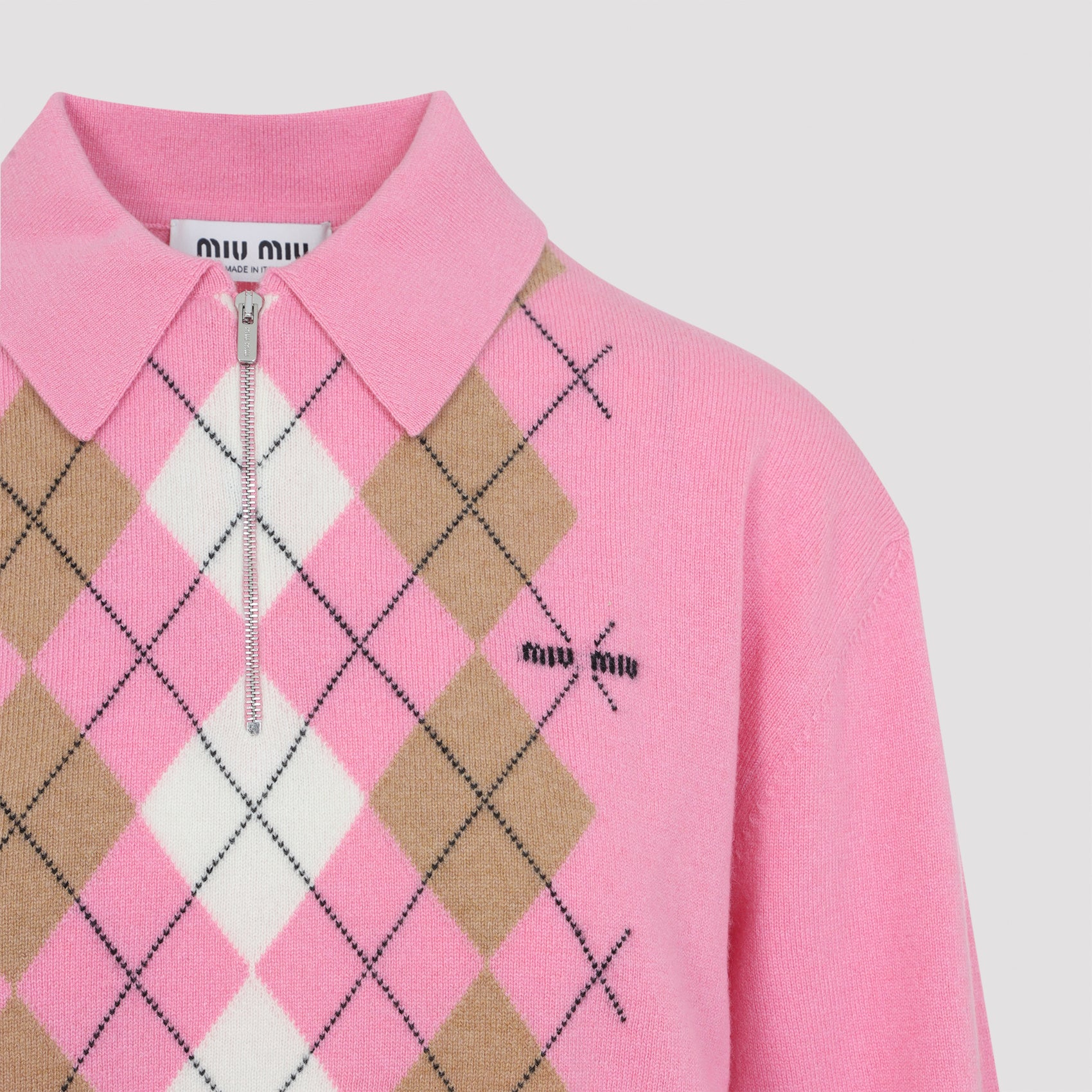 MIU MIU Cashmere Pullover with Argyle Jacquard and Polo Collar