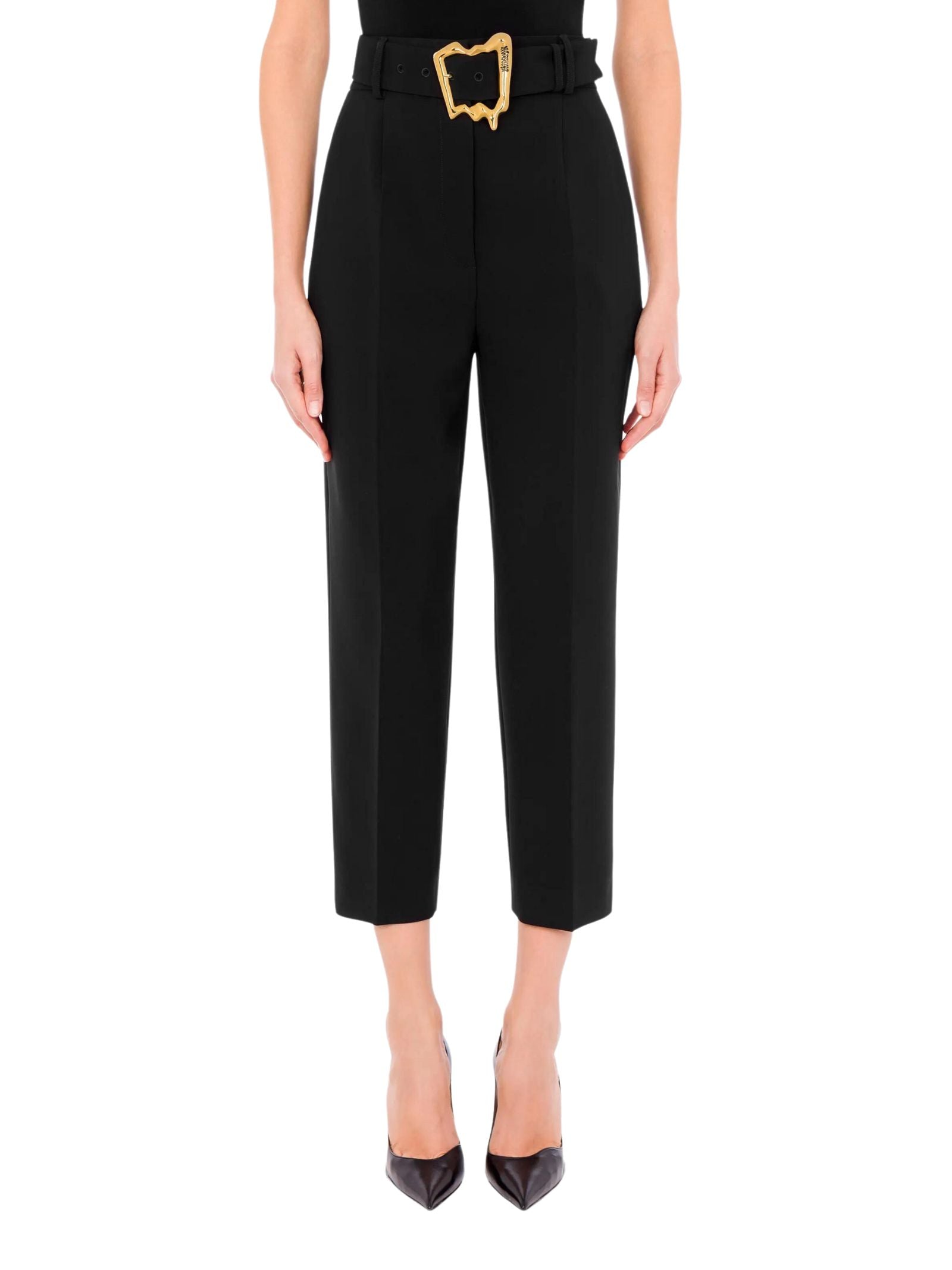 MOSCHINO Chic High-Waisted Trousers with Gold-Plated Buckle Detail