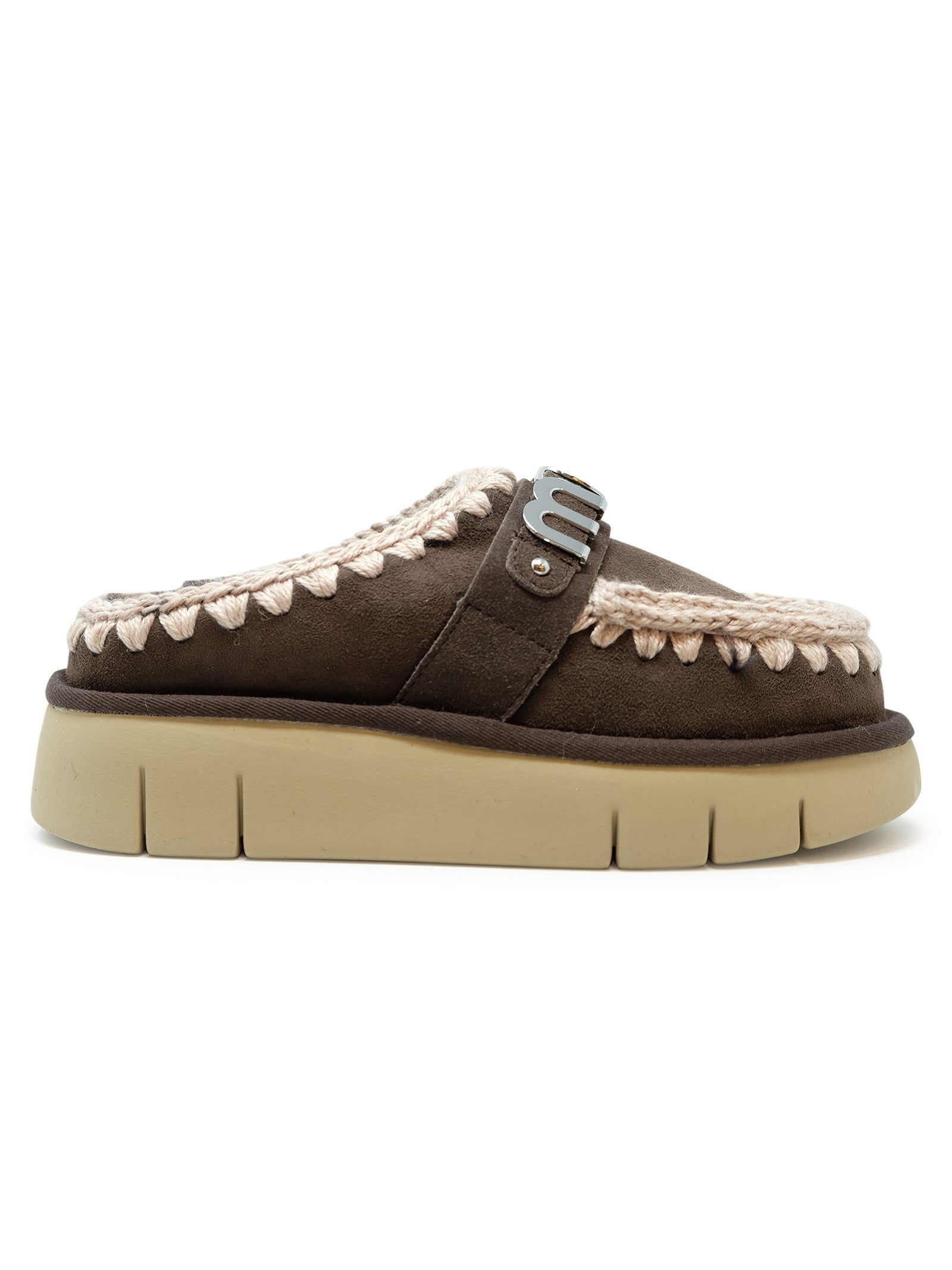 MOU Bounce Metal Logo Leather Wool Rubber Clog