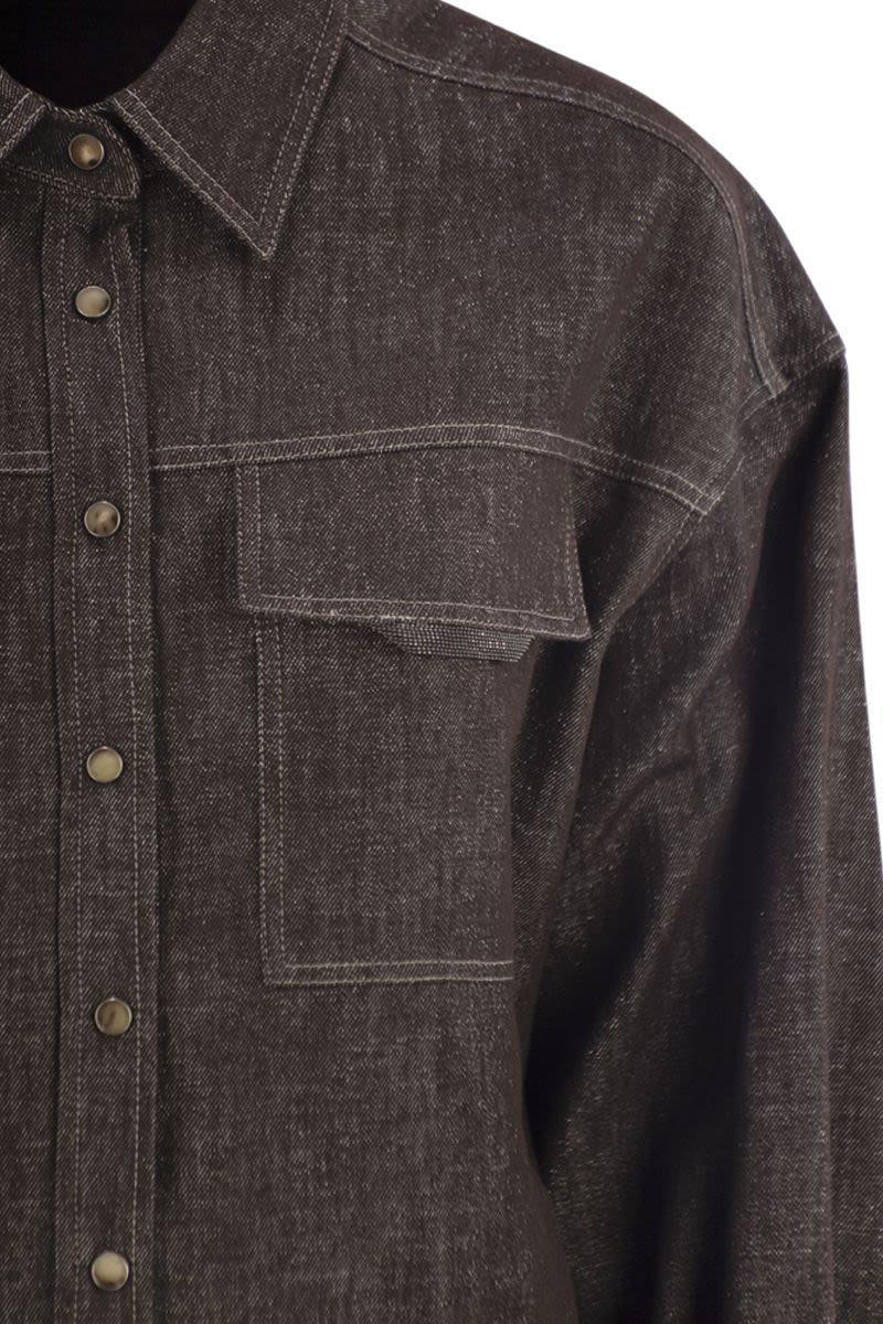 BRUNELLO CUCINELLI Sparkling No-Fade Denim Shirt with Shiny Flap Detail