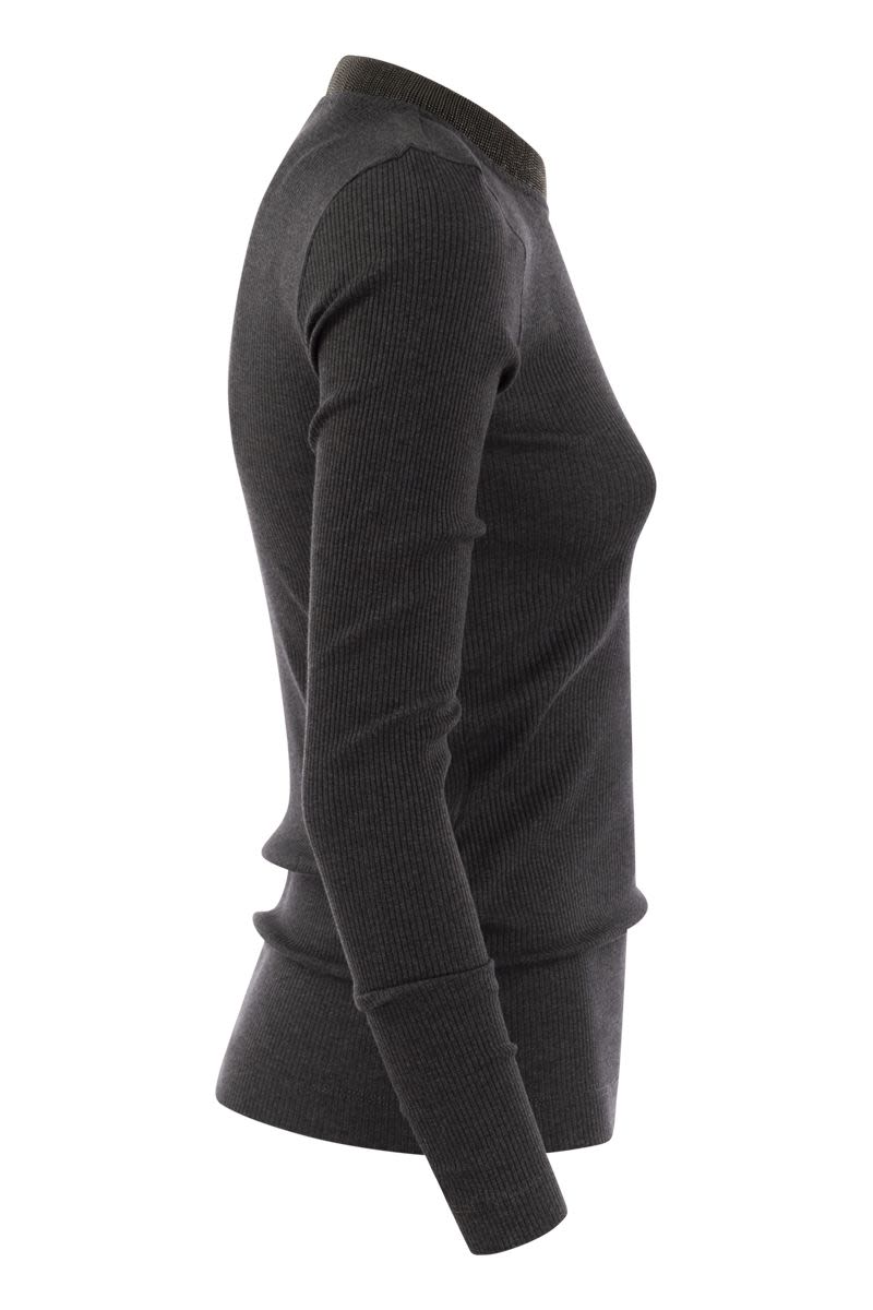 BRUNELLO CUCINELLI Ribbed Stretch Cotton T-Shirt with Embellished Neckline