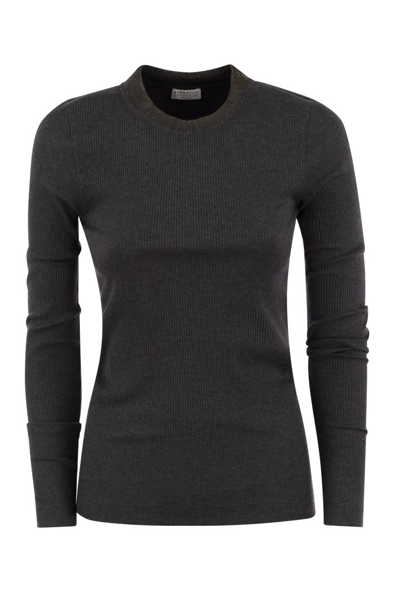 BRUNELLO CUCINELLI Ribbed Stretch Cotton T-Shirt with Embellished Neckline