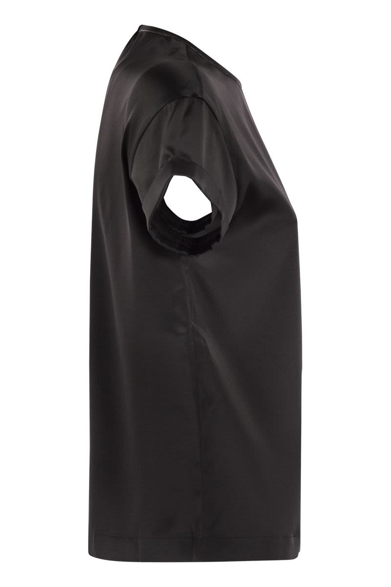 BRUNELLO CUCINELLI Silk Satin Stretch T-Shirt with Jewel Detail