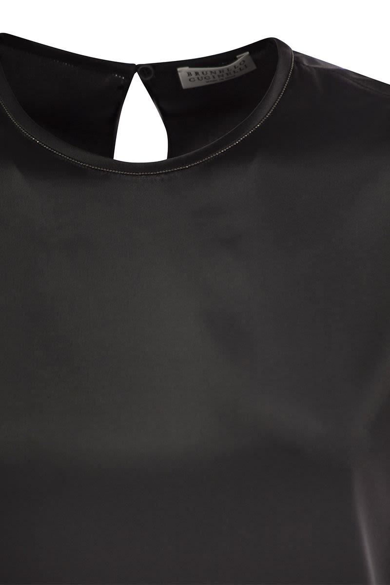 BRUNELLO CUCINELLI Silk Satin Stretch T-Shirt with Jewel Detail