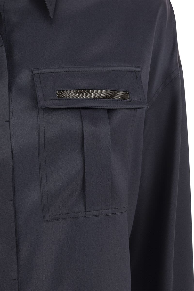 BRUNELLO CUCINELLI Stretch Silk Satin Shirt with Shiny Pockets