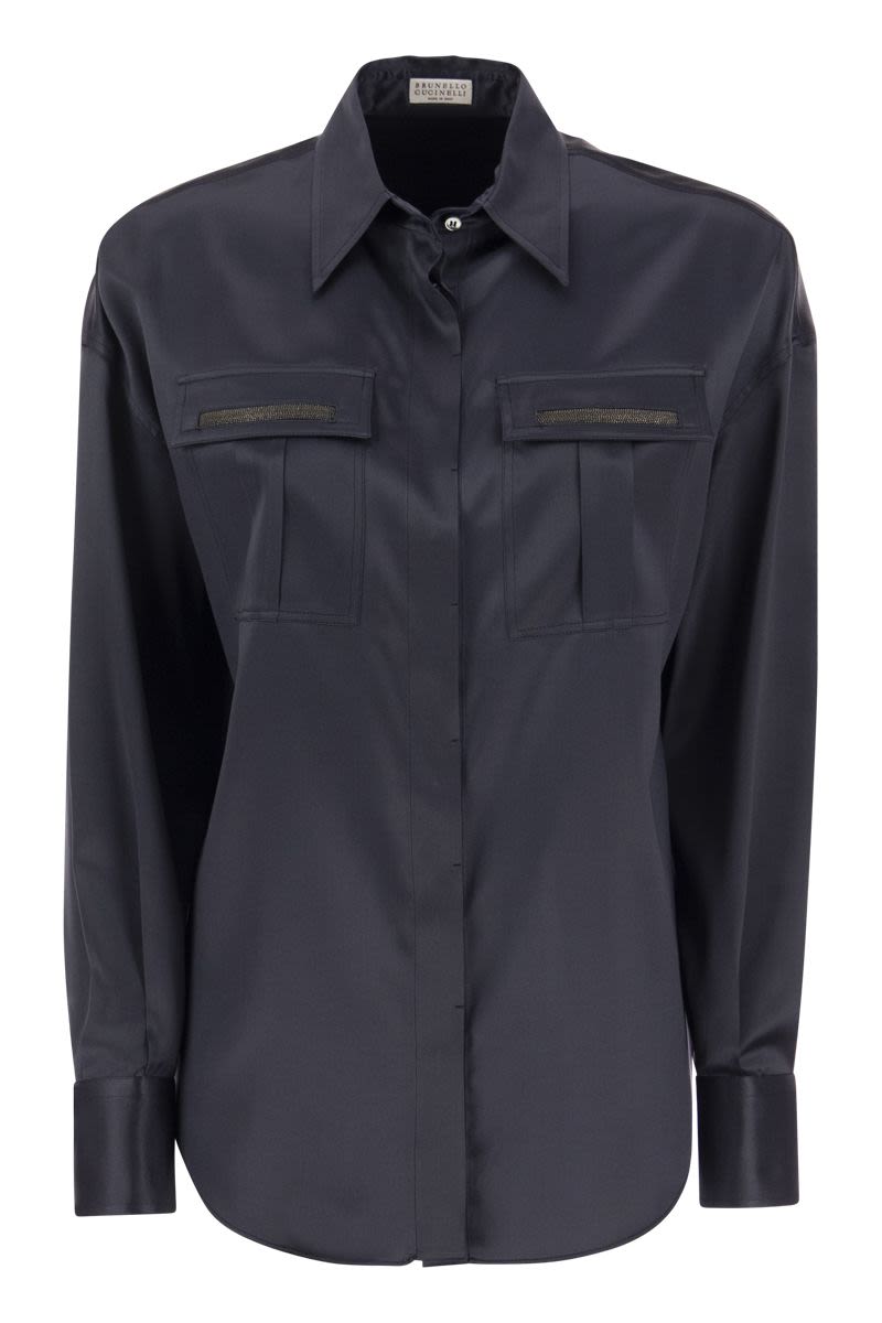 BRUNELLO CUCINELLI Stretch Silk Satin Shirt with Shiny Pockets
