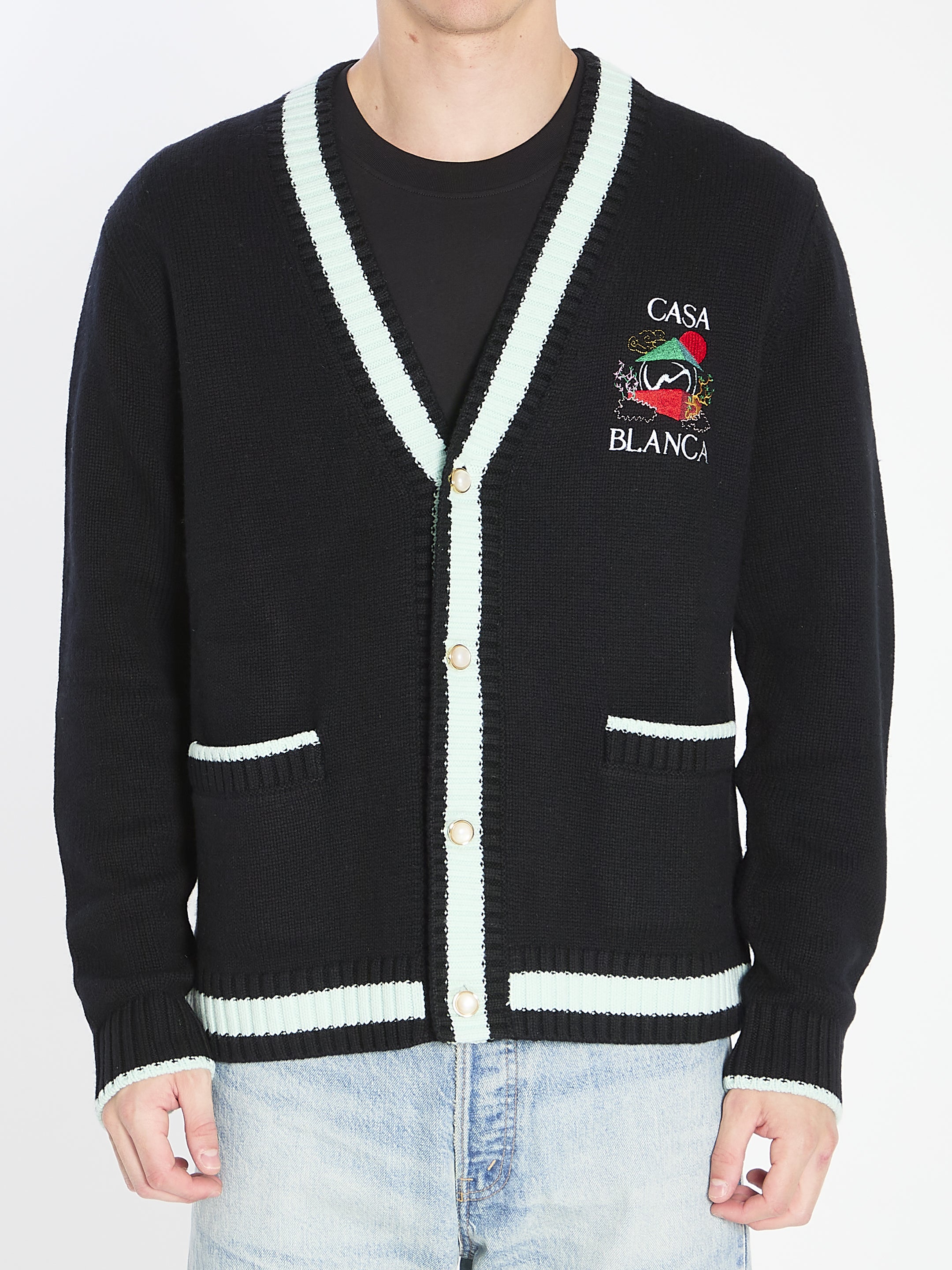 CASABLANCA Men's Cardigan with Stacked Mountain Temple Design - Size L