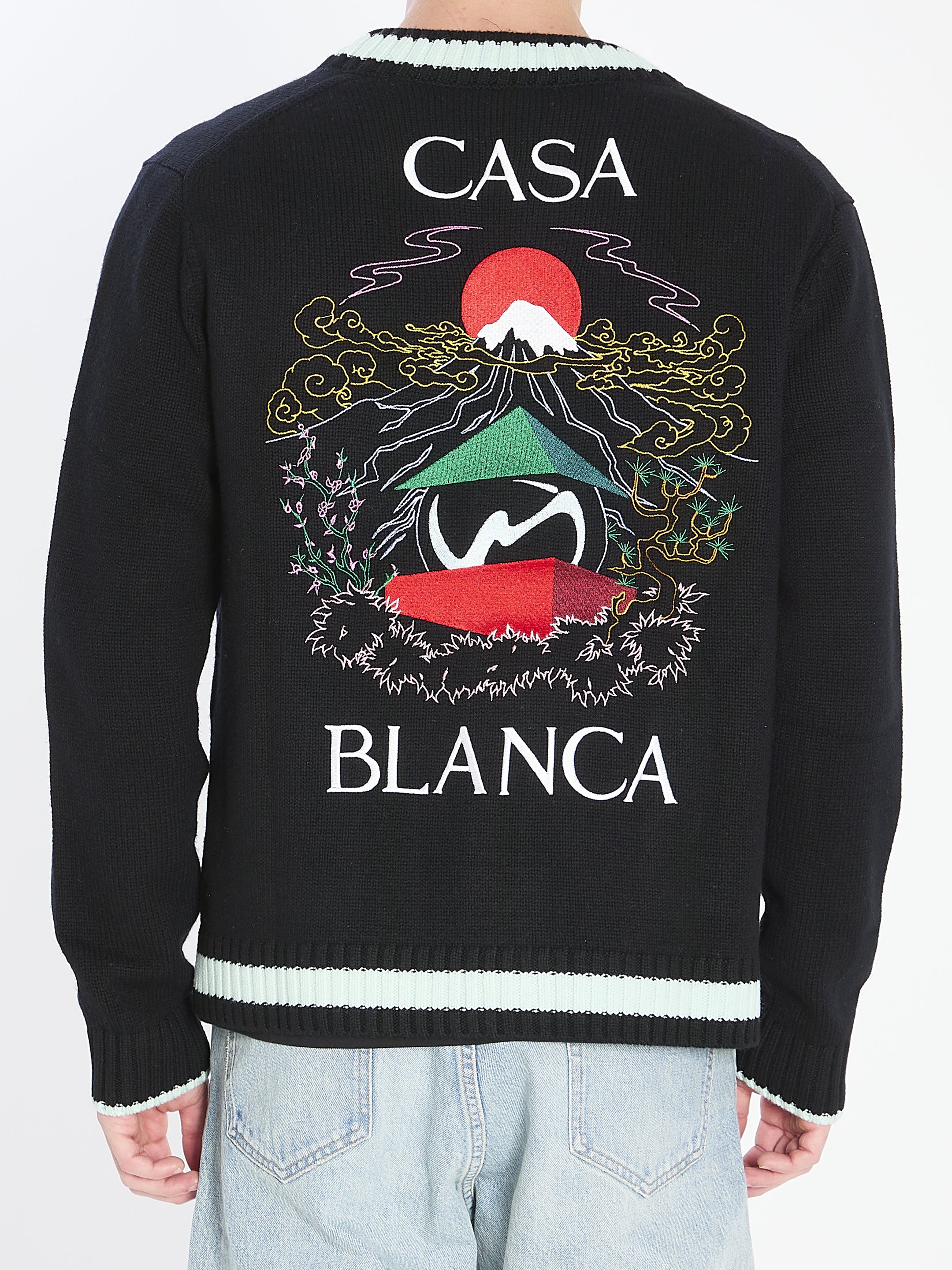 CASABLANCA Men's Cardigan with Stacked Mountain Temple Design - Size L