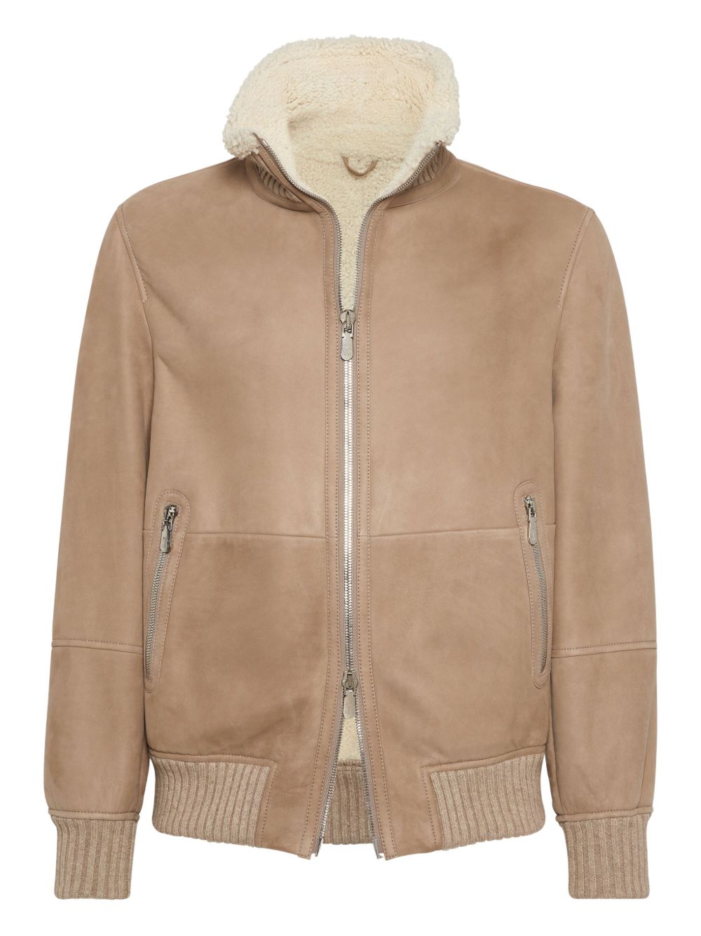 BRUNELLO CUCINELLI Men's Bomber Jacket in Curly Suede Shearling with Cashmere Knit Collar