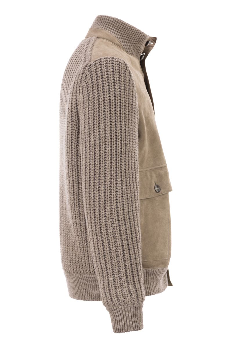 BRUNELLO CUCINELLI Suede Shearling Bomber Jacket with Cashmere Knit Details