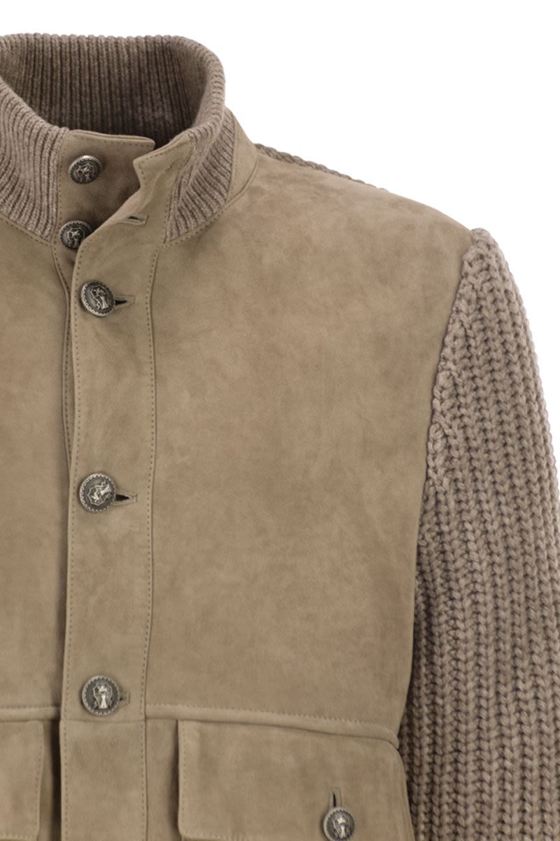 BRUNELLO CUCINELLI Suede Shearling Bomber Jacket with Cashmere Knit Details