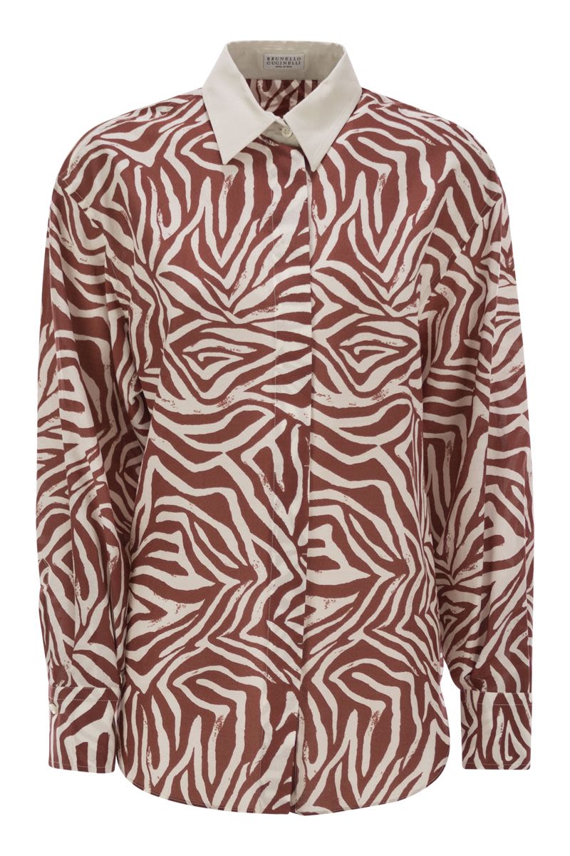 BRUNELLO CUCINELLI Ethnic Print Cotton-Silk Poplin Shirt - Women's Relaxed Fit