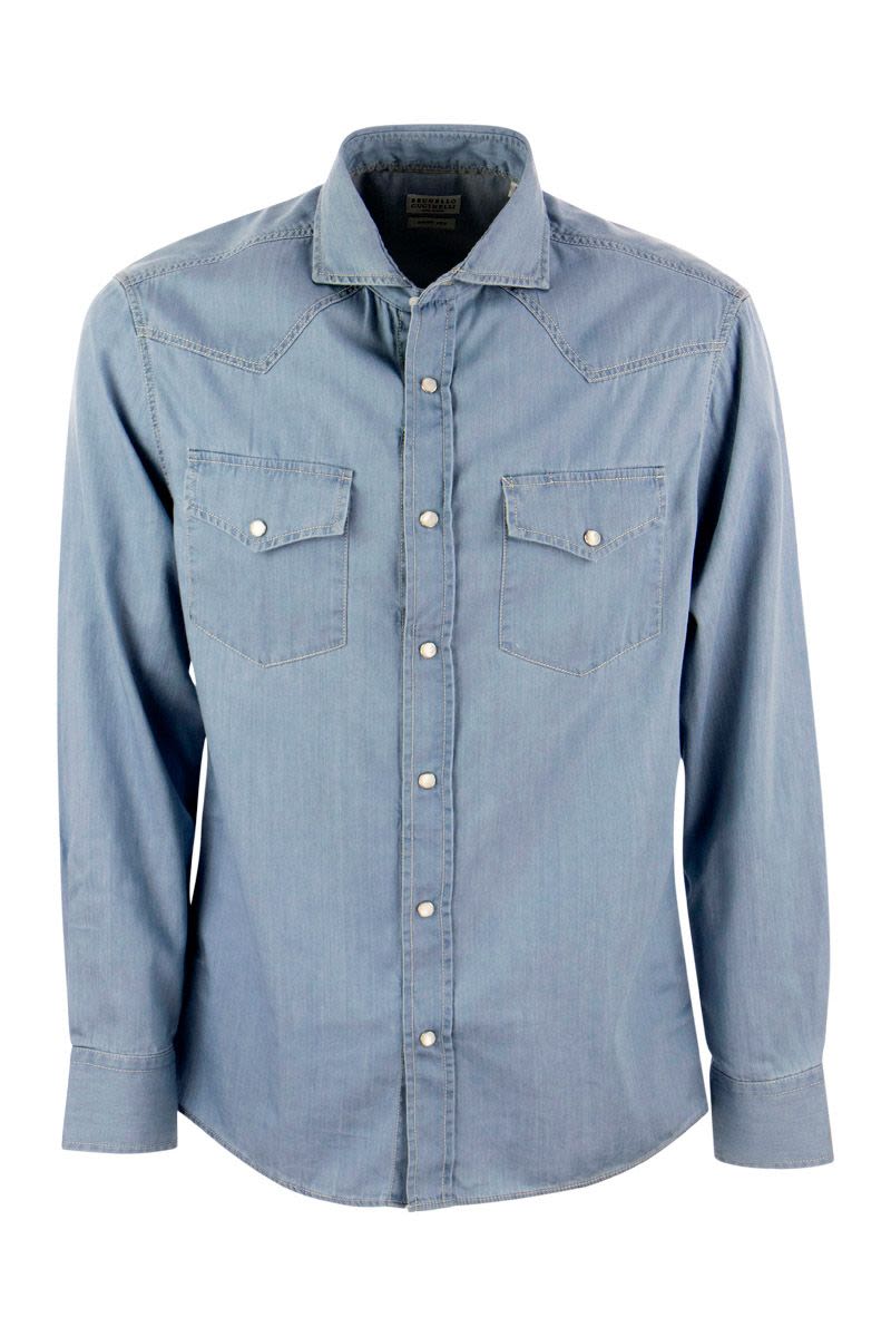 BRUNELLO CUCINELLI Lightweight Denim Leisure Fit Shirt with Epaulettes and Pockets
