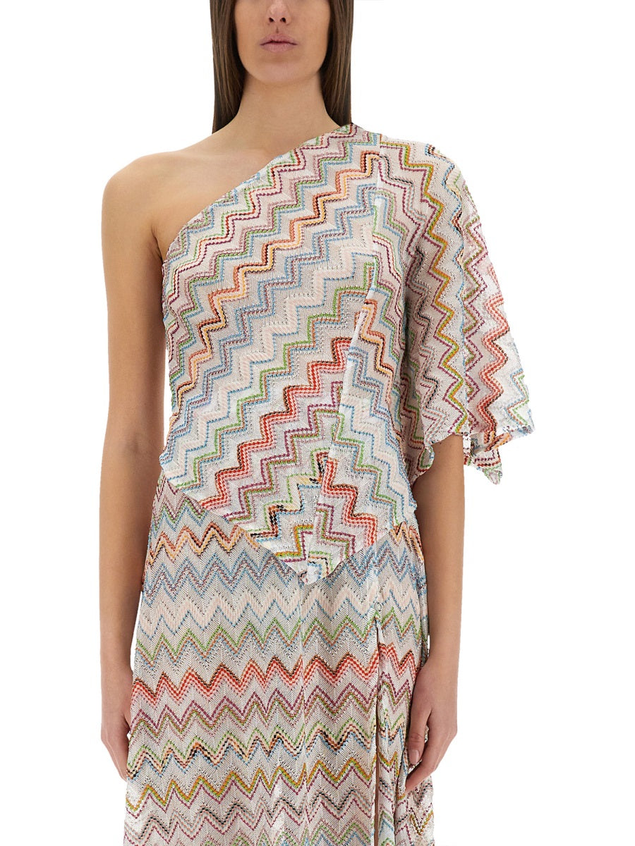MISSONI One-Shoulder Mini Top with 3D Lamé Zig Zags