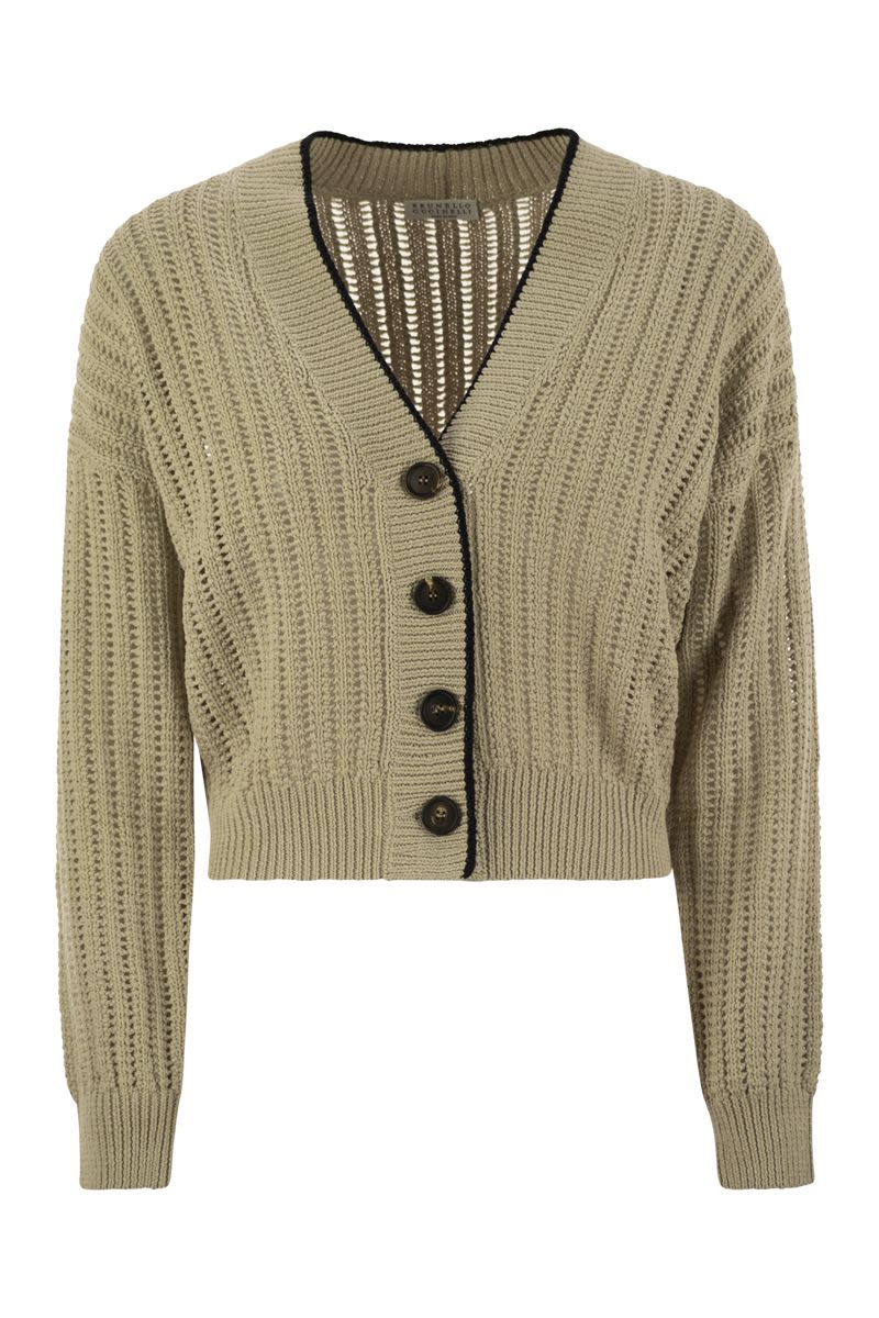 BRUNELLO CUCINELLI Perforated Rib Cotton Knit Cardigan with Jewelry Detail