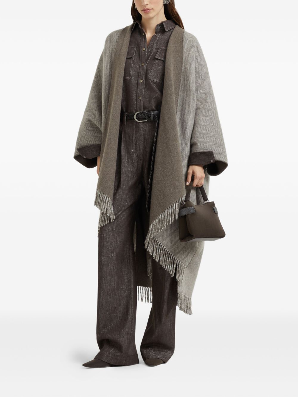 BRUNELLO CUCINELLI Wool Poncho with Herringbone Pattern and Fringed Edges