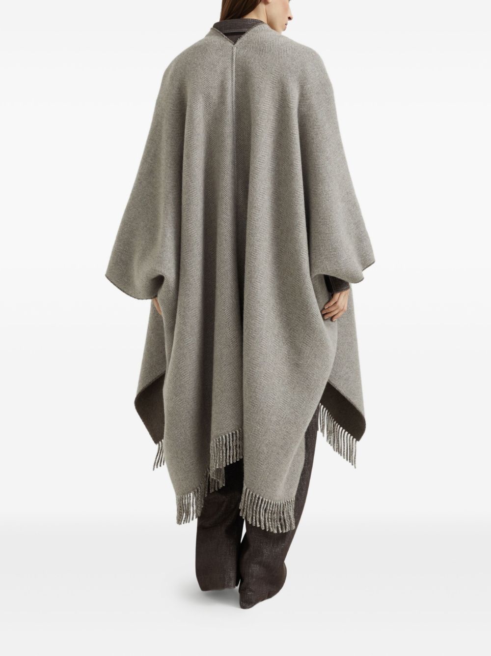 BRUNELLO CUCINELLI Wool Poncho with Herringbone Pattern and Fringed Edges