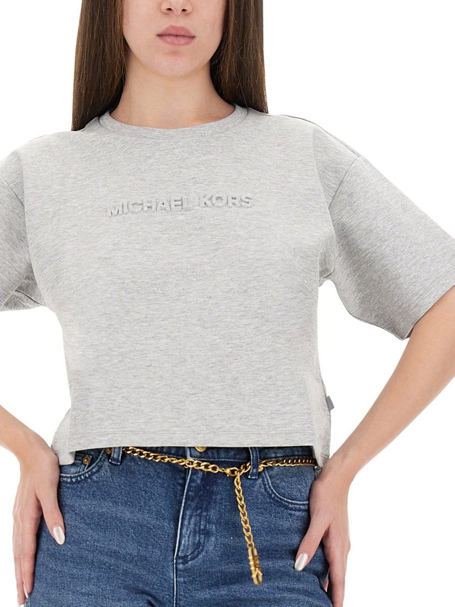 MICHAEL BY MICHAEL KORS Cropped T-Shirt with Embossed Logo - Women's Size S