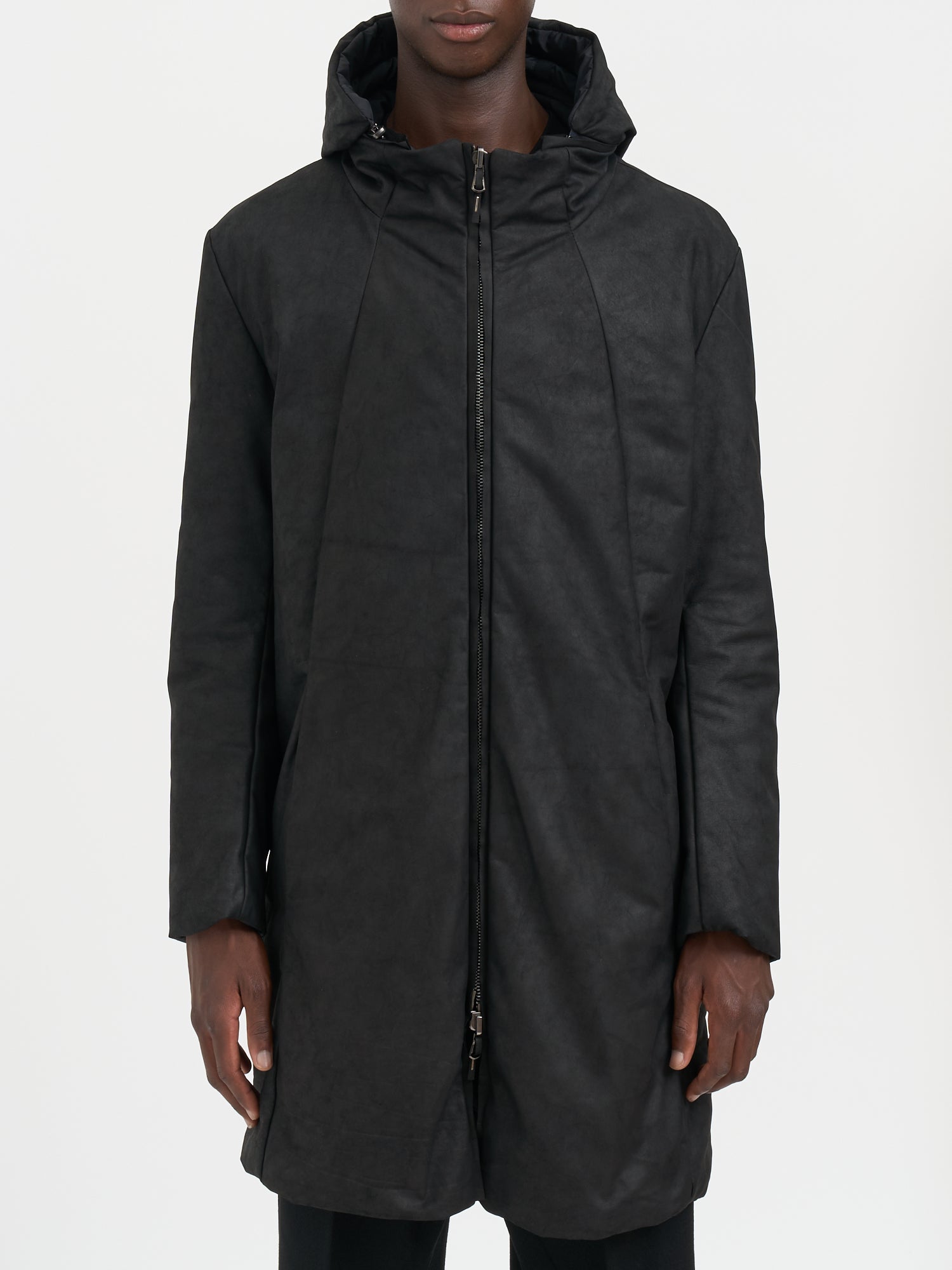 DANIELE BASTA Men's Long Leather Jacket with Removable Hood - Size 50