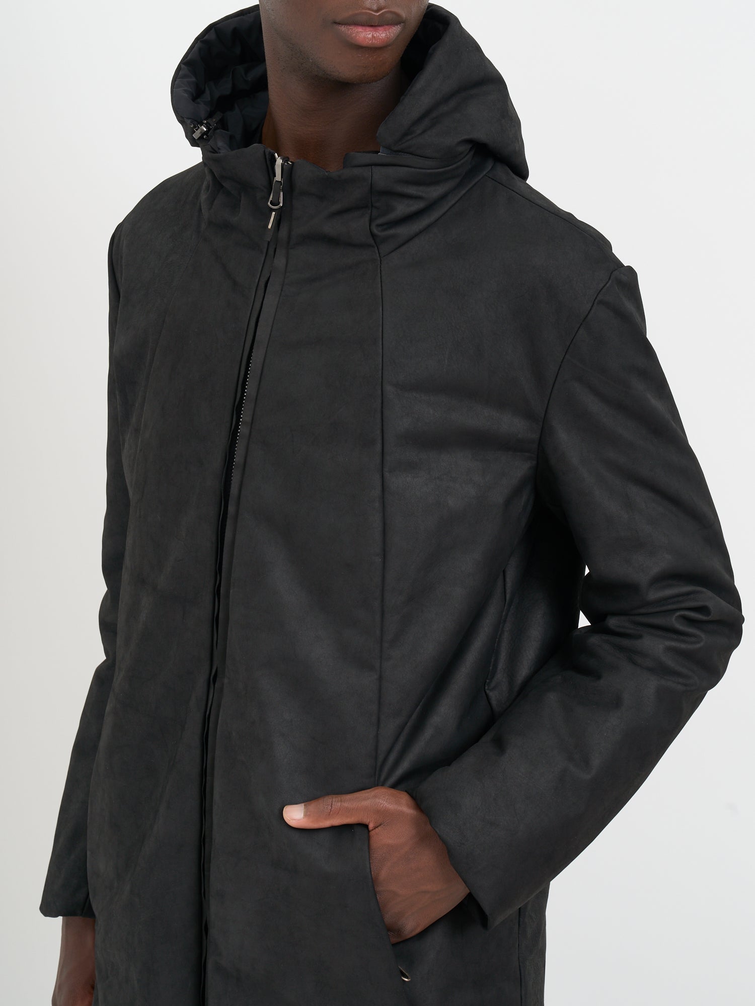 DANIELE BASTA Men's Long Leather Jacket with Removable Hood - Size 50