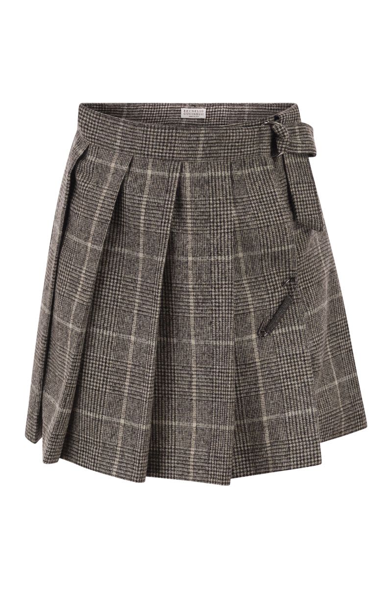 BRUNELLO CUCINELLI Wool Alpaca Prince of Wales Skirt with Brooch