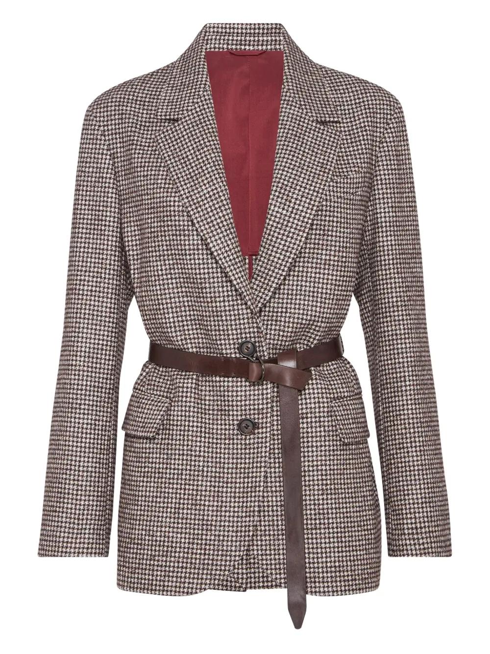 BRUNELLO CUCINELLI Wool and Alpaca Houndstooth Blazer with Leather Belt
