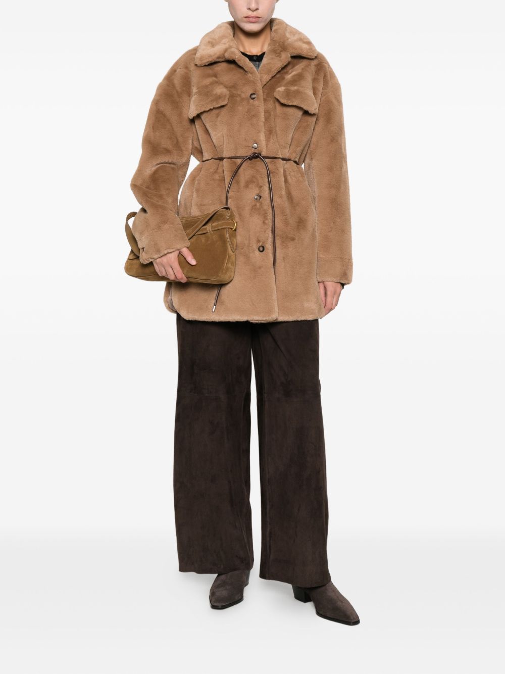 MOLLIOLLI Faux Fur Jacket with Belted Waist & Flap Pockets